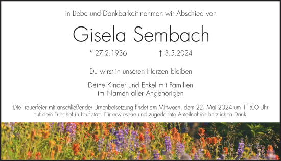 Traueranzeige von Gisela Sembach von Pegnitz-Zeitung