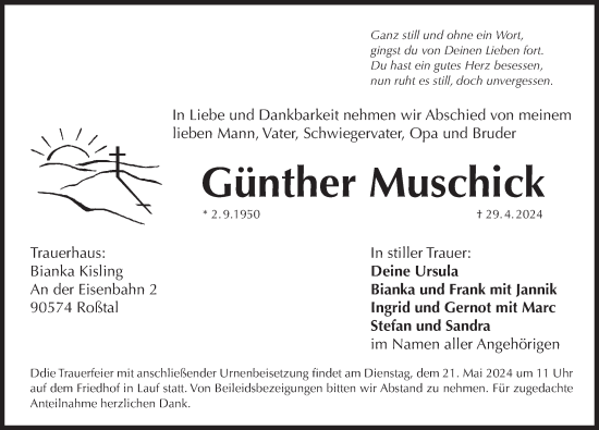 Traueranzeige von Günther Muschick von Pegnitz-Zeitung