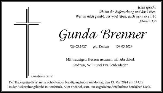 Traueranzeige von Gunda Brenner von Hersbrucker Zeitung Lokal