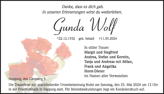 Traueranzeige von Gunda Wolf von Hersbrucker Zeitung Lokal