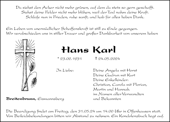 Traueranzeige von Hans Karl von Hersbrucker Zeitung Lokal