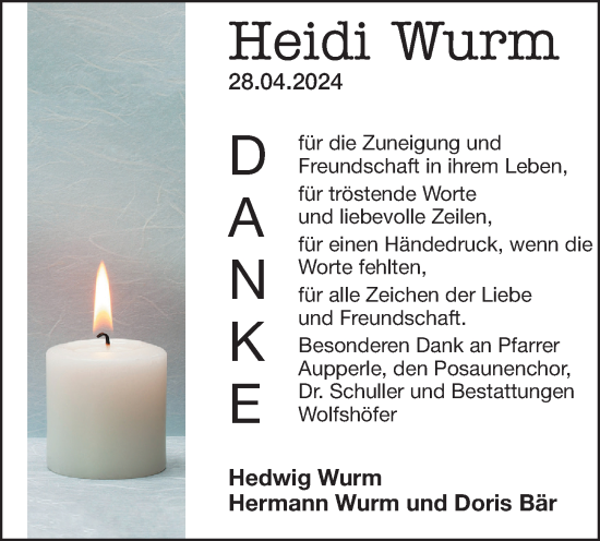 Traueranzeige von Heidi Wurm von Hersbrucker Zeitung Lokal