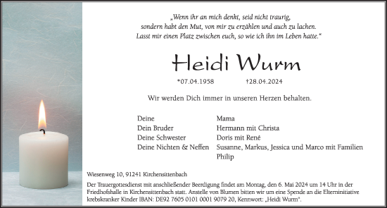 Traueranzeige von Heidi Wurm von Hersbrucker Zeitung Lokal