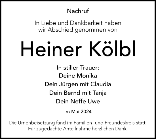 Traueranzeige von Heiner Kölbl von Hersbrucker Zeitung Lokal