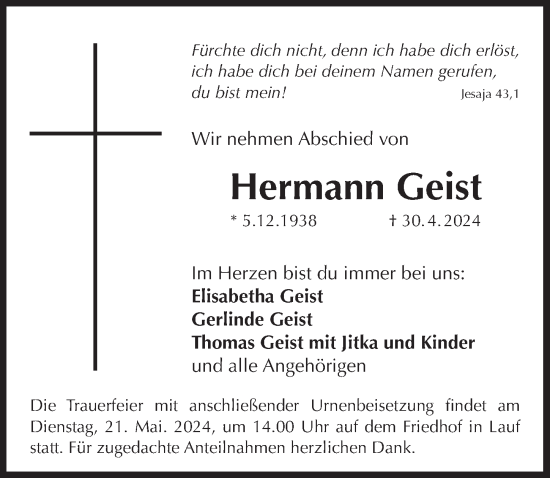 Traueranzeige von Hermann Geist von Pegnitz-Zeitung