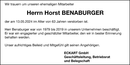 Traueranzeige von Horst Benaburger von Hersbrucker Zeitung Lokal