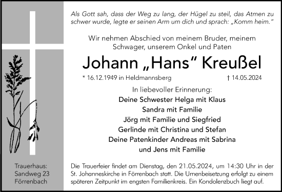 Traueranzeige von Johann Kreußel von Hersbrucker Zeitung Lokal