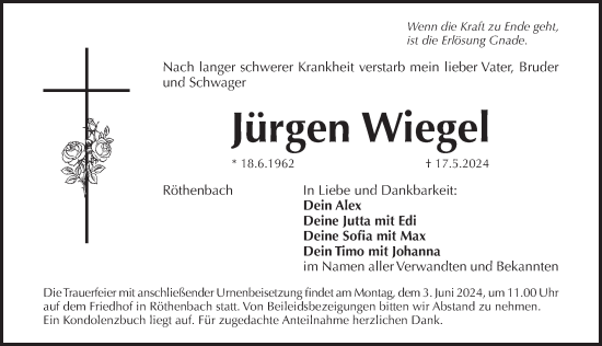 Traueranzeige von Jürgen Wiegel von Pegnitz-Zeitung