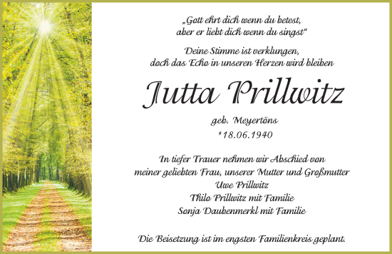 Traueranzeige von Jutta Prillwitz von Hersbrucker Zeitung Lokal