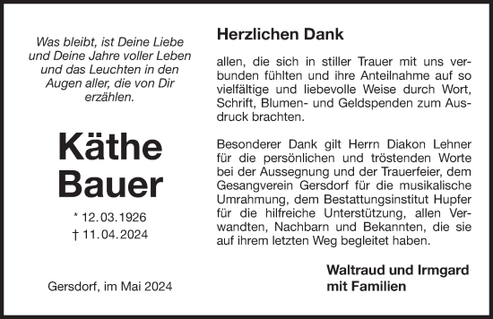 Traueranzeige von Käthe Bauer von Der Bote