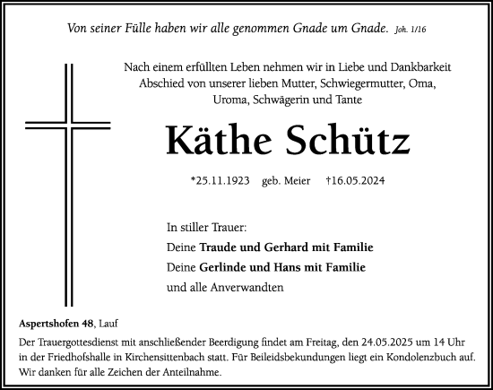 Traueranzeige von Käthe Schütz von Hersbrucker Zeitung Lokal