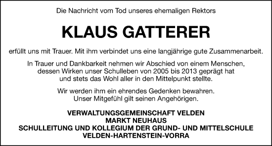 Traueranzeige von Klaus Gatterer von Hersbrucker Zeitung Lokal