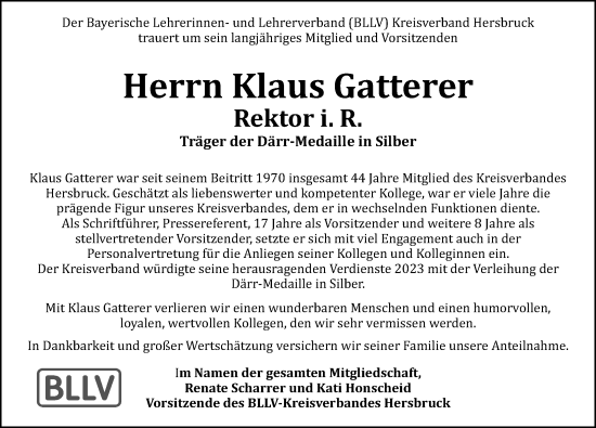 Traueranzeige von Klaus Gatterer von Hersbrucker Zeitung Lokal