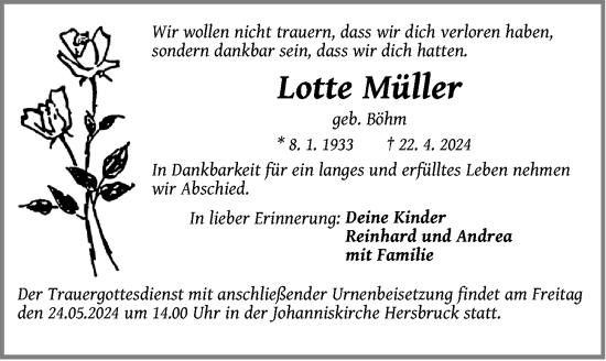 Traueranzeige von Lotte Müller von Hersbrucker Zeitung Lokal