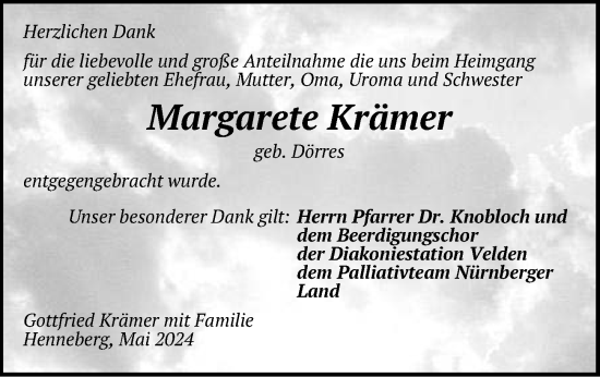 Traueranzeige von Magarete Krämer von Hersbrucker Zeitung Lokal
