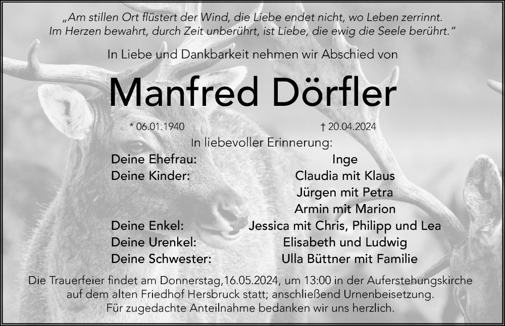  Traueranzeige für Manfred Dörfler vom 11.05.2024 aus Hersbrucker Zeitung Lokal
