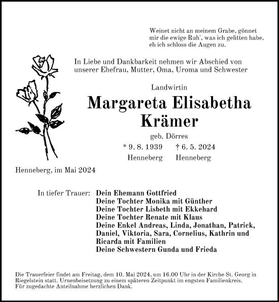 Traueranzeige von Margareta Elisabetha Krämer von Hersbrucker Zeitung Lokal