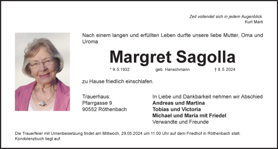 Traueranzeige von Margret Sagolla von Pegnitz-Zeitung