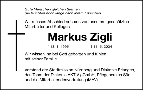 Traueranzeige von Markus Zigli von Hersbrucker Zeitung Lokal