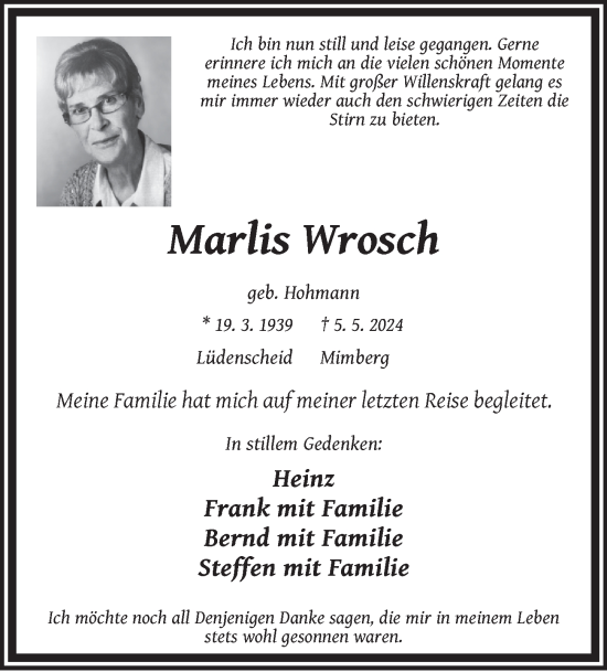 Traueranzeige von Marlis Wrosch von Der Bote