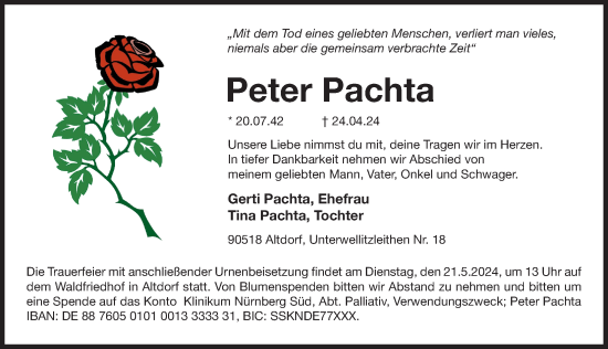 Traueranzeige von Peter Pachta von Der Bote