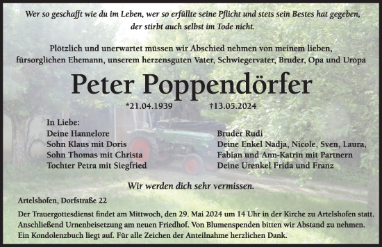 Traueranzeige von Peter Poppendörfer von Hersbrucker Zeitung Lokal