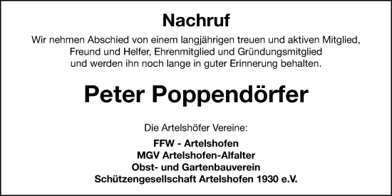 Traueranzeige von Peter Poppendörfer von Hersbrucker Zeitung Lokal