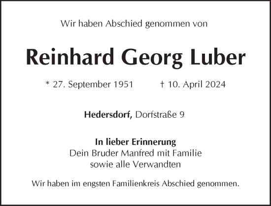 Traueranzeige von Reinhard Georg Luber von Pegnitz-Zeitung