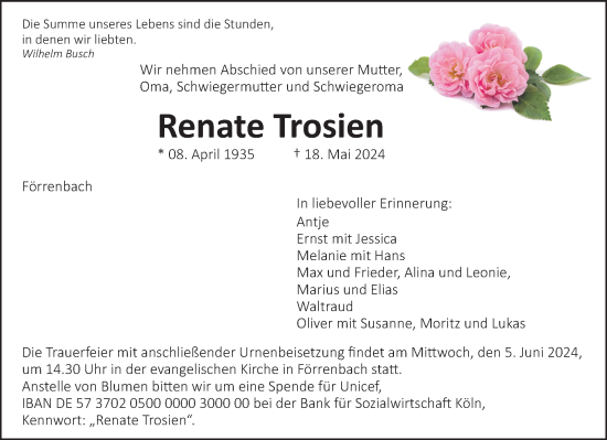 Traueranzeige von Renate Trosien von Hersbrucker Zeitung Lokal