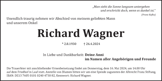 Traueranzeige von Richard Wagner von Pegnitz-Zeitung
