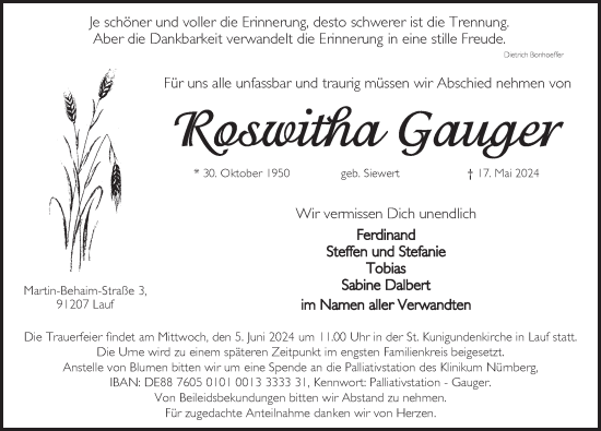 Traueranzeige von Roswitha Gauger von Pegnitz-Zeitung