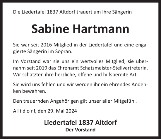 Traueranzeige von Sabine Hartmann von Der Bote