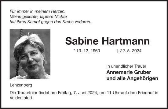 Traueranzeige von Sabine Hartmann von Der Bote