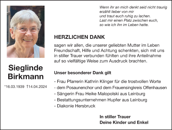Traueranzeige von Siglinde Birkmann von Hersbrucker Zeitung Lokal