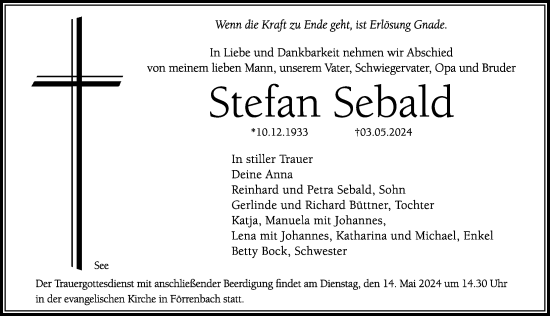 Traueranzeige von Stefan Sebald von Hersbrucker Zeitung Lokal