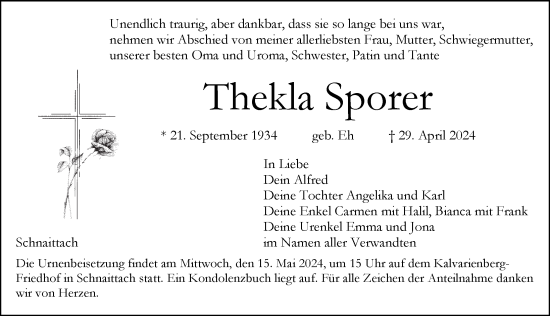 Traueranzeige von Thekla Sporer von Pegnitz-Zeitung