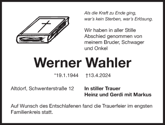 Traueranzeige von Werner Wahler von Der Bote