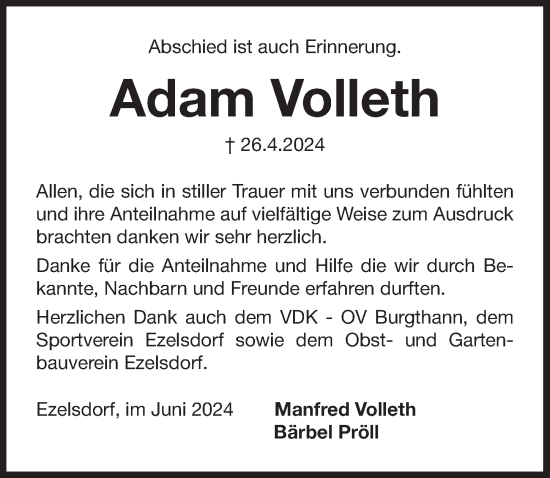 Traueranzeige von Adam Volleth von Der Bote