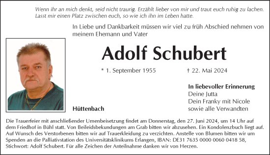Traueranzeige von Adolf Schubert von Pegnitz-Zeitung