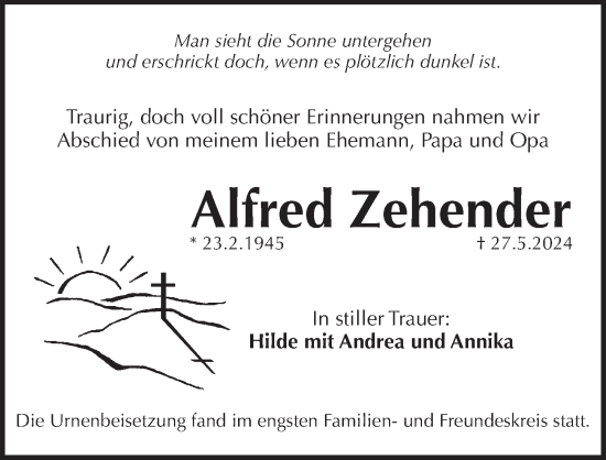 Traueranzeige von Alfred Zehender von Pegnitz-Zeitung