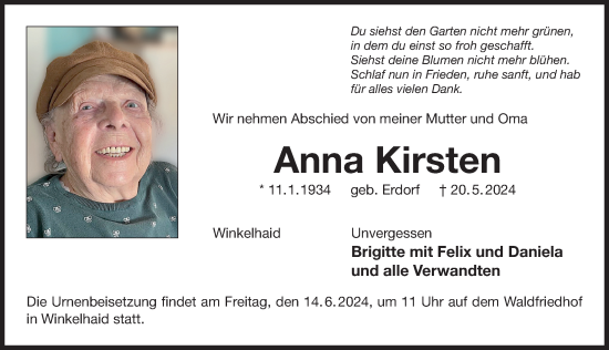 Traueranzeige von Anna Kirsten von Der Bote