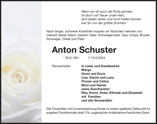 Traueranzeige von Anton Schuster von Der Bote