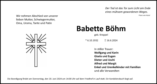 Traueranzeige von Babette Böhm von Pegnitz-Zeitung