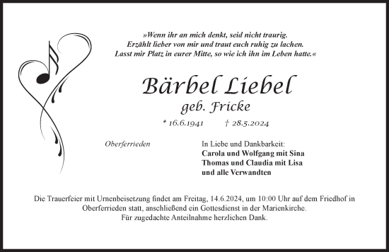 Traueranzeige von Bärbel Liebel von Der Bote