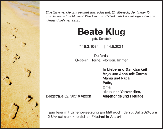 Traueranzeige von Beate Klug von Der Bote