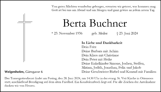 Traueranzeige von Berta Buchner von Hersbrucker Zeitung Lokal