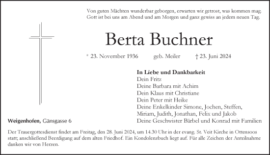 Traueranzeige von Berta Buchner von Pegnitz-Zeitung