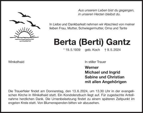 Traueranzeige von Berta Gantz von Der Bote
