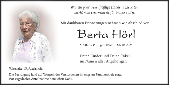 Traueranzeige von Berta Hörl von Hersbrucker Zeitung Lokal
