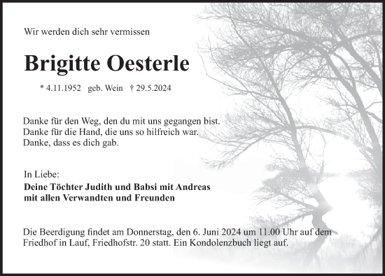 Traueranzeige von Brigitte Oesterle von Pegnitz-Zeitung